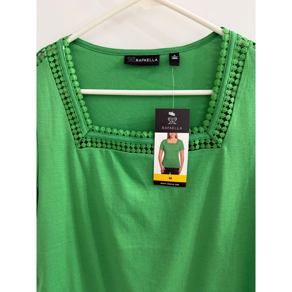 Rafaella Womens Green Square Neck Crochet Trim Cotton Short Sleeve Top M NEW - Picture 2 of 4